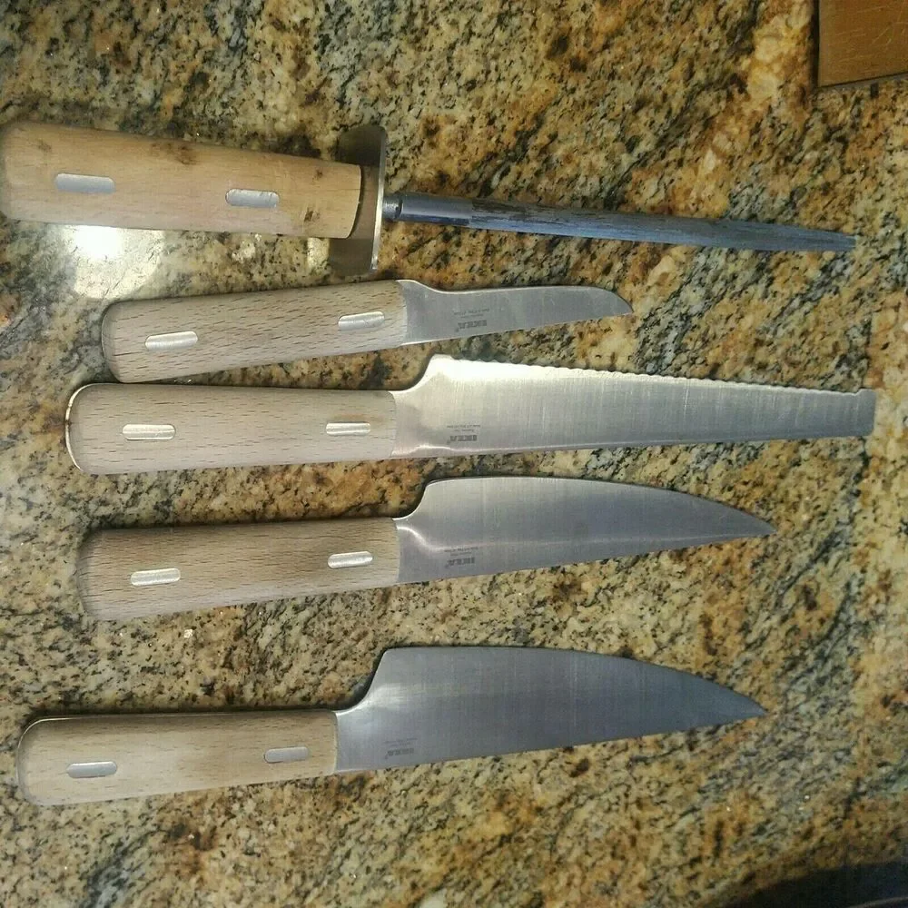RARE IKEA 5 Wood Handle Knives 6 Piece Set Including Stainless Wood Block